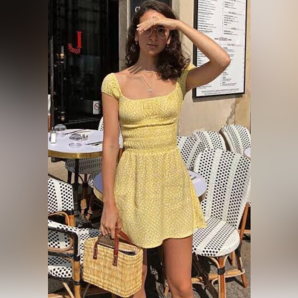 Skylar + Madison Yellow Smocked Square-Neck Mini Dress